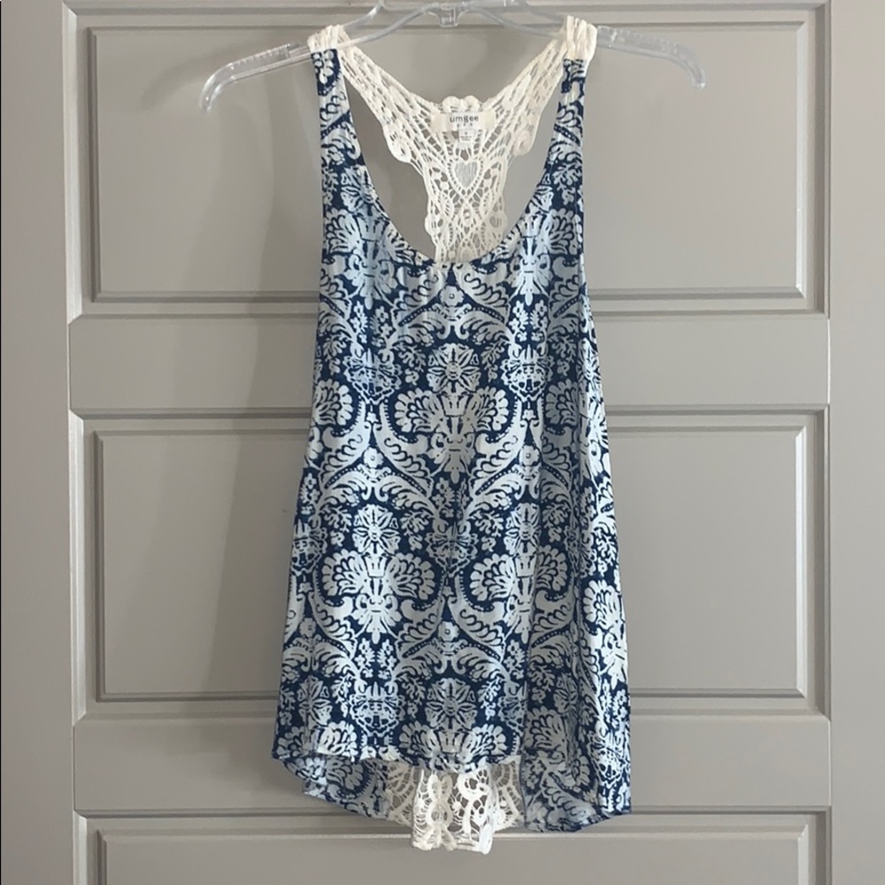 cream & blue printed tank.